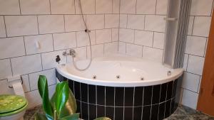 a bath tub with a shower in a bathroom at Ferienwohnung-Kormann in Schkopau
