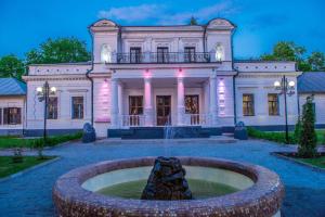 a building with a fountain in front of it at Hotel Elegia in Trostyanetsʼ