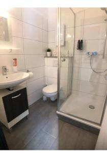 a bathroom with a shower and a toilet and a sink at Schulz Apartments in Bonn