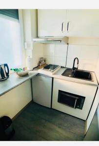 a small kitchen with a sink and a microwave at Schulz Apartments in Bonn
