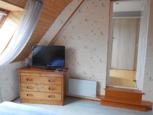 ein Schlafzimmer mit einem TV auf einer Kommode und einem Spiegel in der Unterkunft Chambre d'hôtes proche de Brest et Landerneau in Dirinon