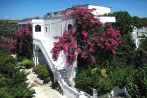 Un bâtiment blanc avec des fleurs sur son côté dans l'établissement Rosmari Hotel, à Archangelos