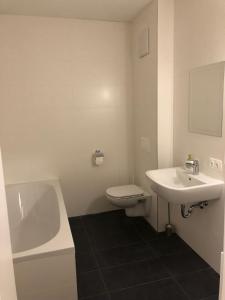 a bathroom with a sink and a toilet and a bath tub at Appartement am Berg in Ebene Reichenau