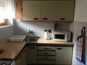 eine kleine Küche mit einer Spüle und einer Mikrowelle in der Unterkunft Dovolenkový dom s tromi spálňami in Zuberec