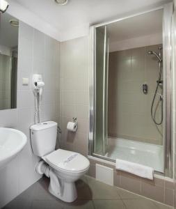 a bathroom with a toilet and a shower and a sink at Hotel Alexander in Krakow