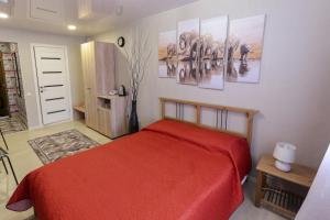 1 dormitorio con cama roja y cuadros en la pared en Hotel "Otel flowerS", en Perm