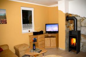 ein Wohnzimmer mit einem Kamin und einem TV in der Unterkunft Haus Ostseeküste in Ostseebad Karlshagen