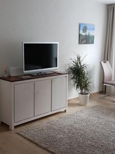 una sala de estar con TV de pantalla plana en un armario en Hexen-Suite, en Bad Harzburg