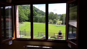 a window with a view of a park seen through it at Apartamentos El Castañeu in Corao