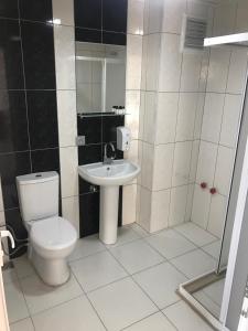 a bathroom with a toilet and a sink and a shower at Gunes Hotel in Hacıbektaş +26 photos