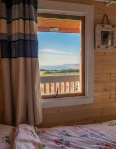 a bedroom with a window with a view of the ocean at Enlli Fach pet friendly Cabin , sleeps 2 adults 2 children not suitable for contract workers due to parking in Borth
