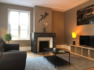 a living room with a fireplace and a tv at Le Petit Graoully in Metz