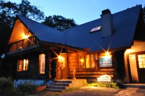 a log cabin with a blue roof at night at Okayama Hiruzen Villas Peter Pan in Makago