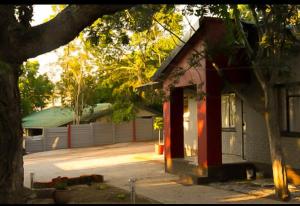 una casa con una puerta roja y un árbol en Dreamwood Guest House en Nelspruit