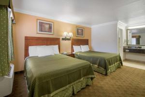 Habitación de hotel con 2 camas con sábanas verdes en Rodeway Inn Adelanto US 395, en Adelanto