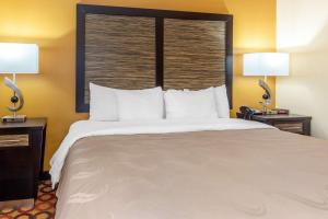 - un grand lit dans une chambre d'hôtel avec 2 lampes dans l'établissement Quality Inn & Suites Montgomery East Carmichael Rd, à Montgomery
