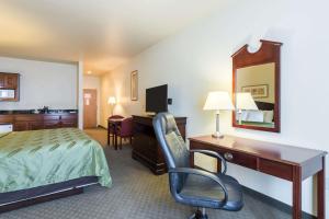 Quality Inn and Suites Alma في ألما: غرفه فندقيه بسرير ومكتب وكرسي