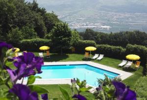 einen Pool mit Stühlen und Sonnenschirmen auf einem Hügel in der Unterkunft Kerschbamerhof im Süden Südtirols in Kurtatsch