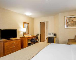 Habitación de hotel con cama y escritorio con TV. en Quality Inn Petaluma, en Petaluma