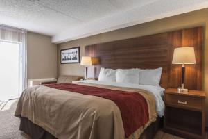 Habitación de hotel con 1 cama grande y 2 lámparas en Comfort Inn Huntsville en Huntsville