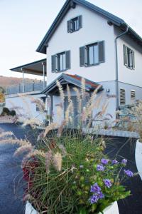 een wit huis met wat bloemen ervoor bij Walters Weinquartier in Eisenberg an der Pinka