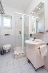a bathroom with a shower and a sink and a toilet at Villas Rab Palit in Rab