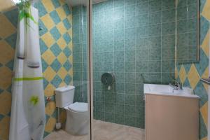 a bathroom with a toilet and a sink and a shower at A taberna de vento in Lalín