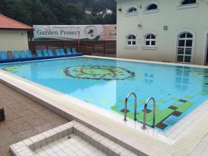 a large swimming pool in front of a building at Balázs Holiday Apartment in Băile Tuşnad