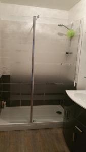 a shower with a glass door in a bathroom at Appartement vue sur mer et port in Grandcamp-Maisy