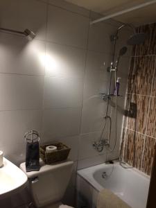 a bathroom with a shower and a toilet and a sink at La Casa Vinilla in Casablanca