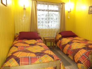 Duas camas num quarto com paredes amarelas e uma janela em Hostal Emalafquen em Pucón