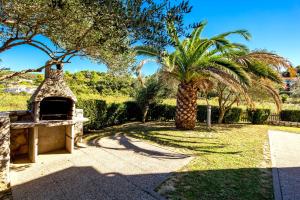 a garden with a pizza oven next to a palm tree at Villas Rab Palit in Rab