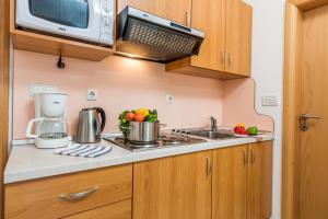 a kitchen with a stove and a microwave at Villas Rab Palit in Rab