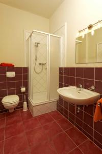 y baño con aseo, lavabo y ducha. en Villa Maria Wohnung 02, en Ostseebad Koserow
