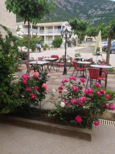 um grupo de mesas e cadeiras com flores cor-de-rosa em Hôtel Camparellu em Galéria