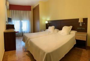 um quarto de hotel com duas camas e uma televisão em Hostal Monasterio de Rueda em Sástago