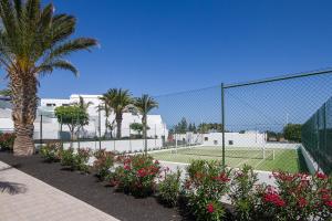 
a grassy area with a fence and a tennis court at Hotel Lanzarote Village in Puerto del Carmen
