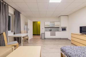 a living room with a table and a kitchen at Aparthotel DKS in Chomutov