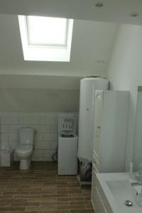 La salle de bains est pourvue de toilettes, d'un réfrigérateur et d'une fenêtre. dans l'établissement La maison de Maxou, à Briare