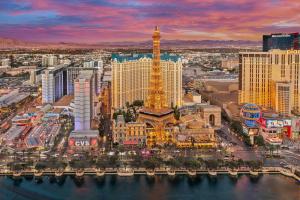 
a large city with tall buildings and a clock tower at Paris Las Vegas Hotel & Casino in Las Vegas
