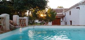 a swimming pool in front of a house with a fountain at Casa Rural La Alameda in Madridejos