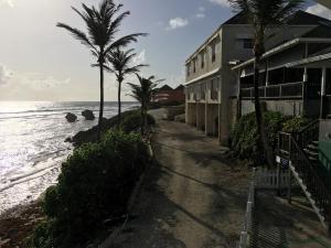 a sidewalk next to a beach with palm trees and a building at The Atlantis Historic Inn in Saint Joseph