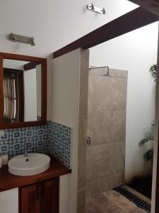 a bathroom with a sink and a shower at Lovely new-build colonial house with plunge pool in Granada