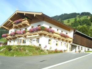 een gebouw met bloembakken aan de zijkant bij Bauernhof Hundbichl in Brixen im Thale