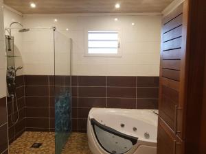a bathroom with a tub and a glass shower at lilie97418 in La Plaine des Cafres