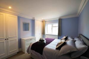 a bedroom with a bed with blue walls and a window at STABLE HOUSE - Eton WINDSOR in Windsor