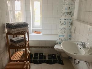 エアフルトにあるFerienwohnung Am Schmidtstedter Knotenのバスルーム(洗面台、トイレ付)、窓が備わります。