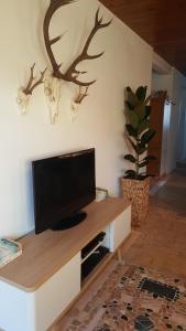 a living room with a tv and deer heads on the wall at Appartement Unterbergblick in Kössen