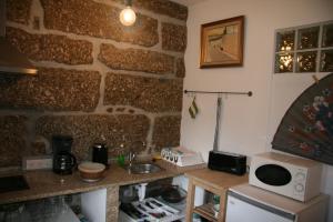 a kitchen with a stone wall and a microwave at Quinta das Aranhas in Castelo de Paiva