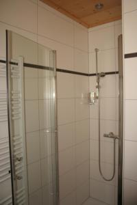 a bathroom with a shower with a glass door at Hotel Michaela in Ramstein-Miesenbach